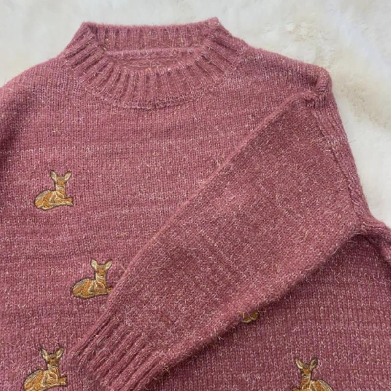 2025 Women's Gold Sweaters Ulzzang Vintage College Deer Embroidery Sweater Female Thick Cute Loose Harajuku Clothing