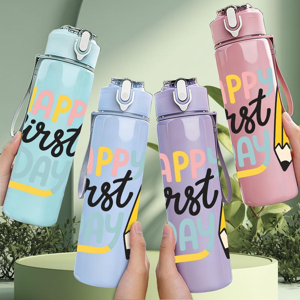 1PC Happy First Day Pencil Pattern 750ml Color Plastic Sports Water Bottle Leakproof Flip Straw Lid Suitable for Sports Office Home Use
