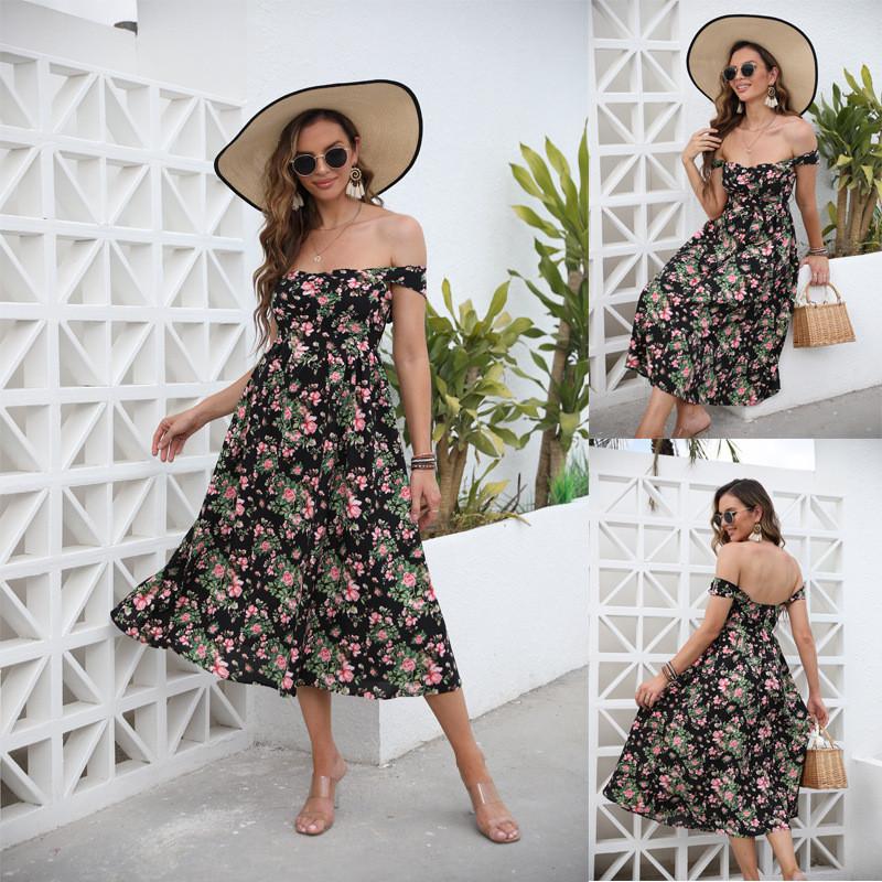 

Women Elegant Off Shoulder Flowers Floral Print Sleeveless Midi Long Dress Bride Bridesmaids Wedding Party Gowns