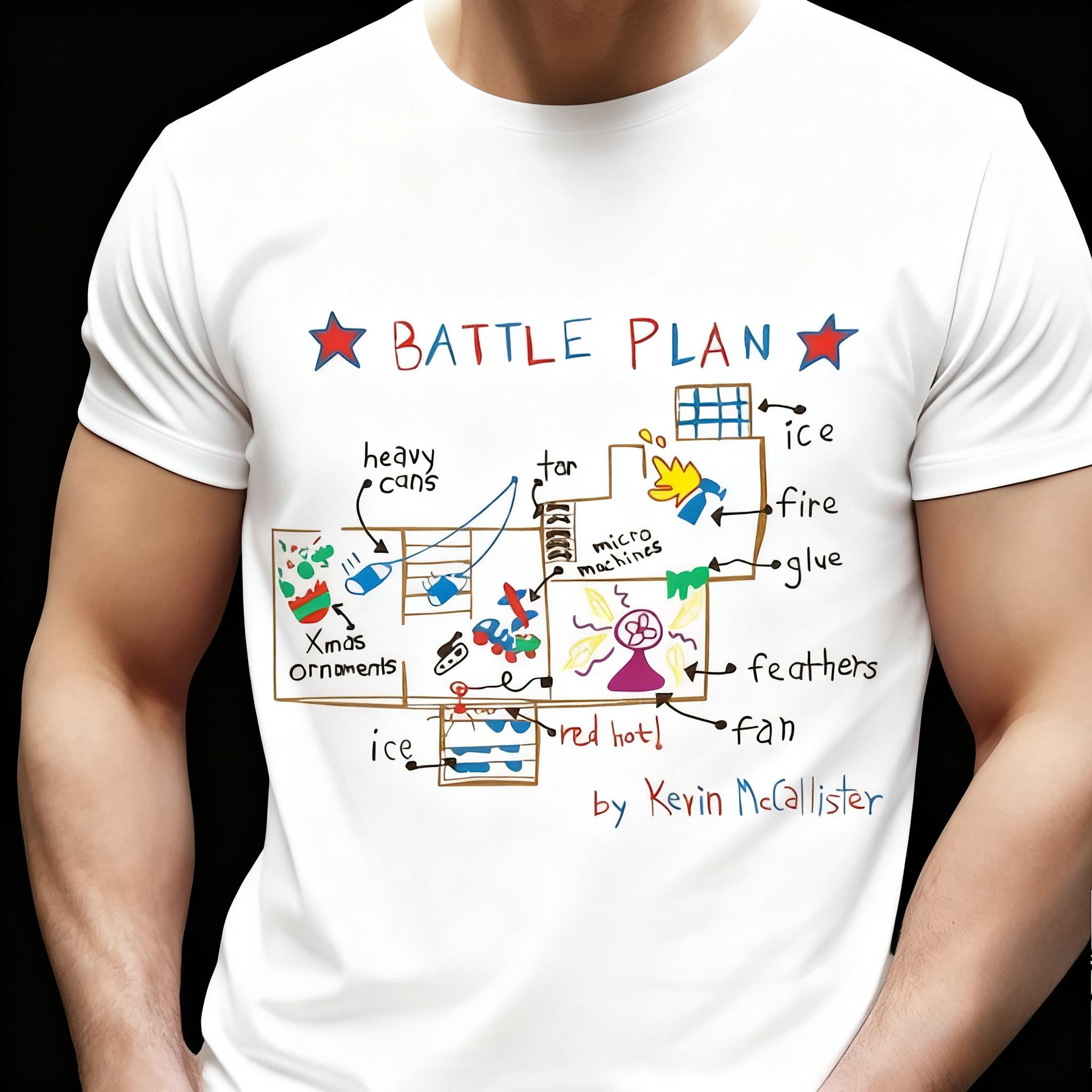 Funny Home Alone Christmas Tshirt Battle Plan Printed Fun Battle Jokes Pure Cotton Breathable Tshirt for Both Men and Women M