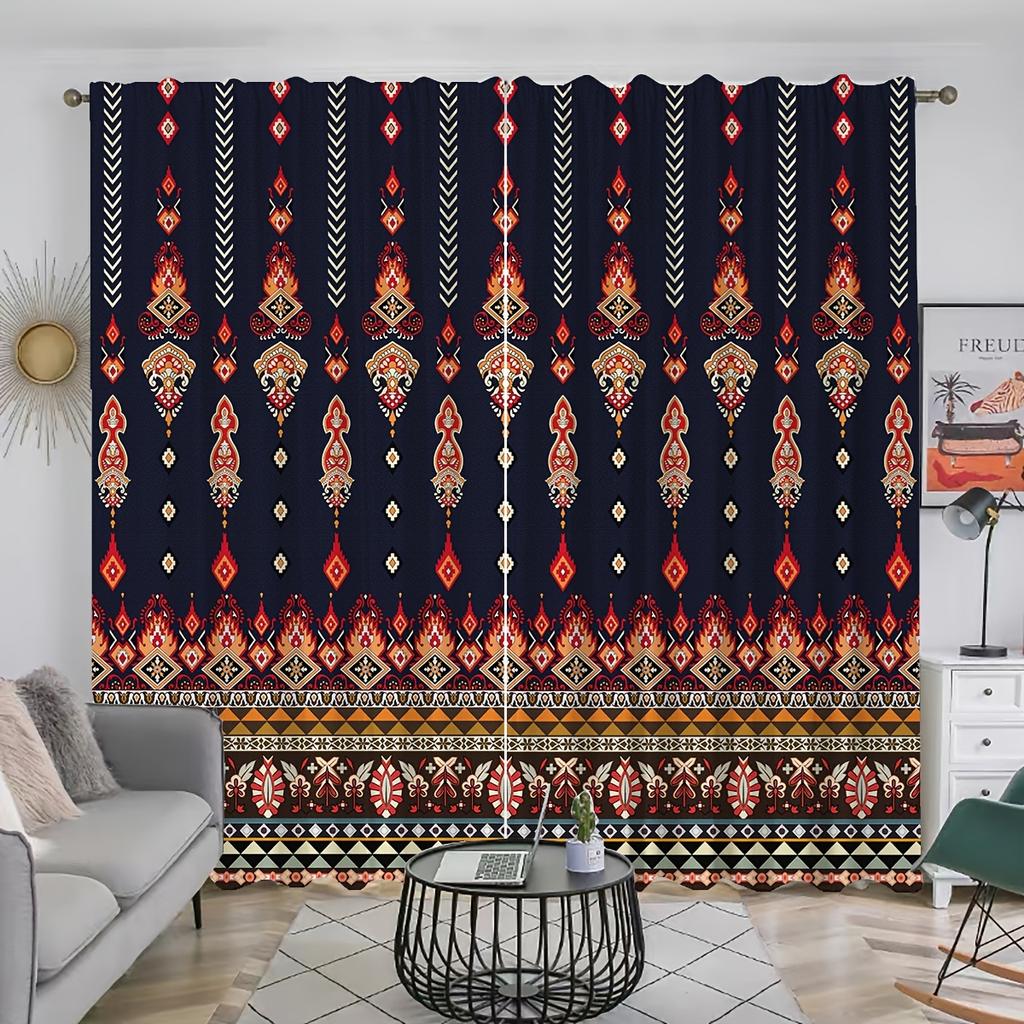 2pcs Mexican Themed Geometric Pattern Curtains Rod Pocket Curtain For Public Places Living Room Bedroom Office Study Room Home