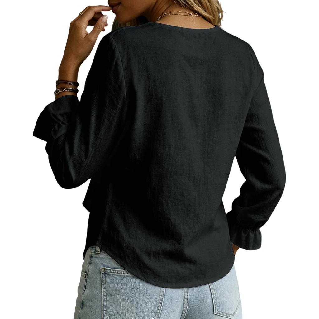 Top Primaverili da Donna Scollo a V Ruffle Manica Lunga Camicetta Camicie Estive da Donna Casual Leggere Camicie Estive da Donna