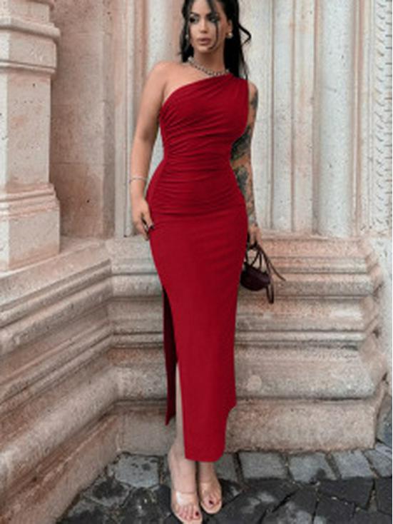 2024 Yaz Tek Omuz Düz Renk Kolsuz Yırtmaçlı Kadın Elbisesi