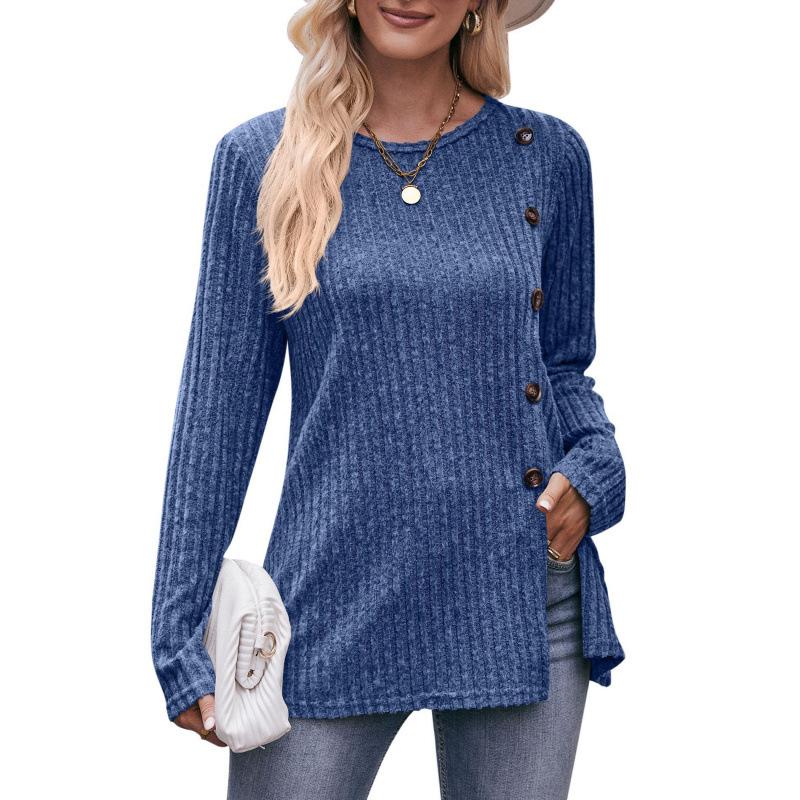 Women's Autumn Button Fashion Solid Color Long-sleeved T-shirt