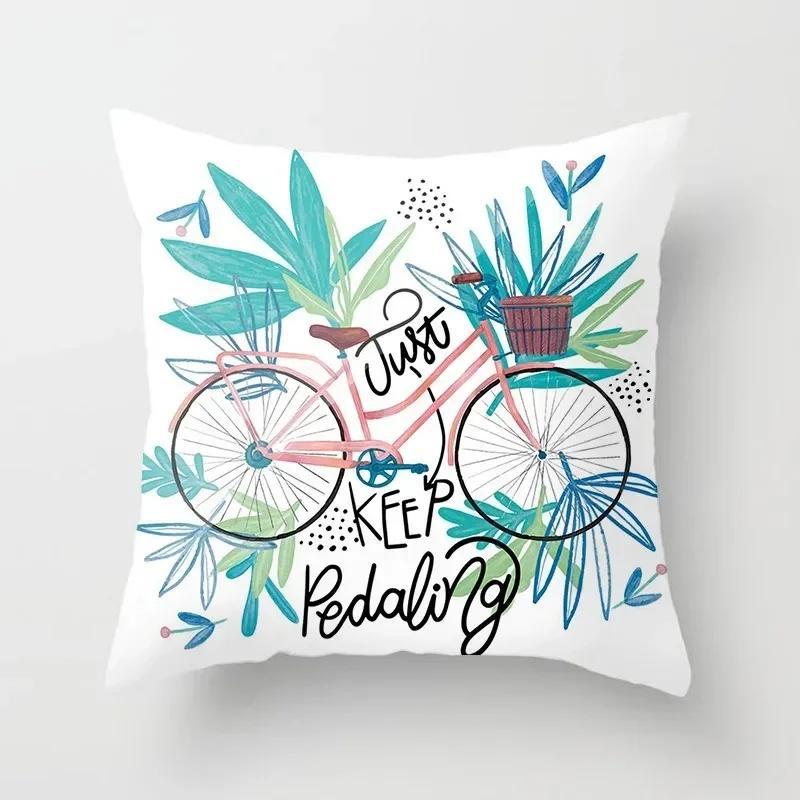 45X45Cm Home Decor Cushion Cover For Living Room Bedroom Decorative Polyester Pillowcases Flowers Bike Printed Pillow Cover