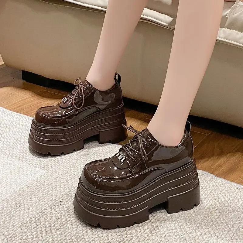 High Quality Coarse Heeled Small Leather Shoes with A British Style for Women Spring 2026 New Height Increasing Lace Up Loafers 35 коричневый 2940₽