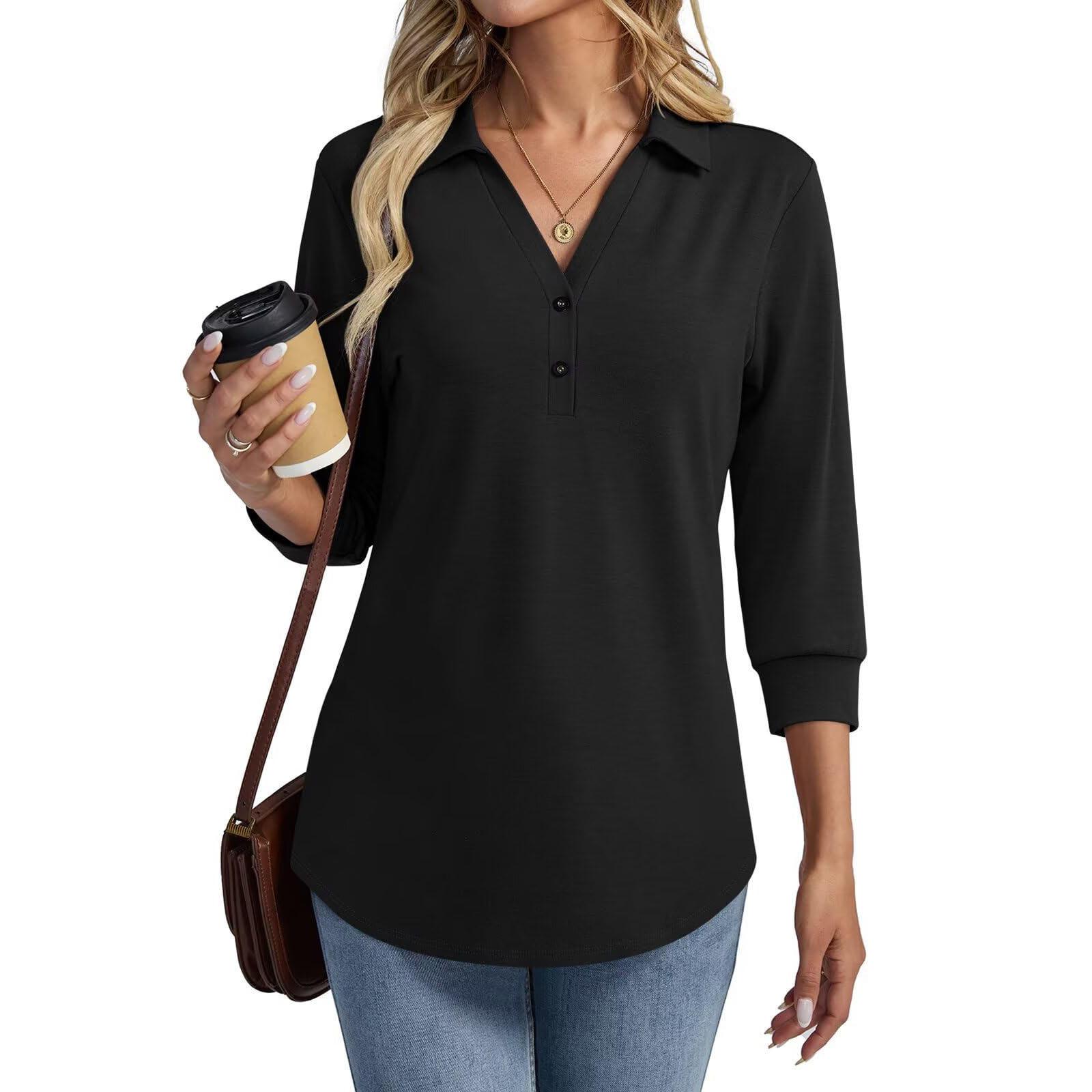 

Women s Fashion Casual Lapel Short 3/4 Sleeve Color Shirt Women s Up Tops XXXL чёрный