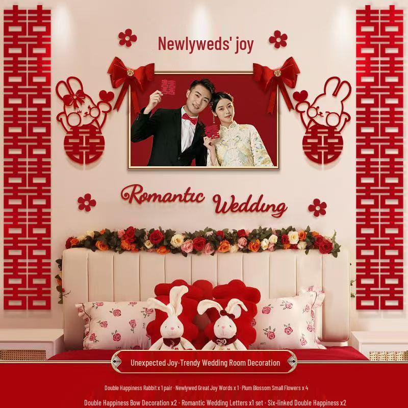 Wedding Room Decor: Double Happiness Banner with Butterflies for Bride and Groom's Bedroom Wall