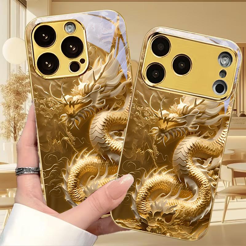 The Eastern Dragon Electroplated Golden Phone Case For iPhone 18 17 16 15 14 13 12 11 Pro Max Plus 16E 17Air 7 8 Xs Glass Cover