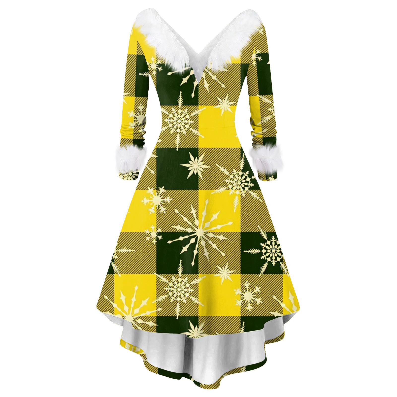 

Женское модное повседневное платье с V-образным вырезом и рождественским принтом с длинным рукавом M жёлтый