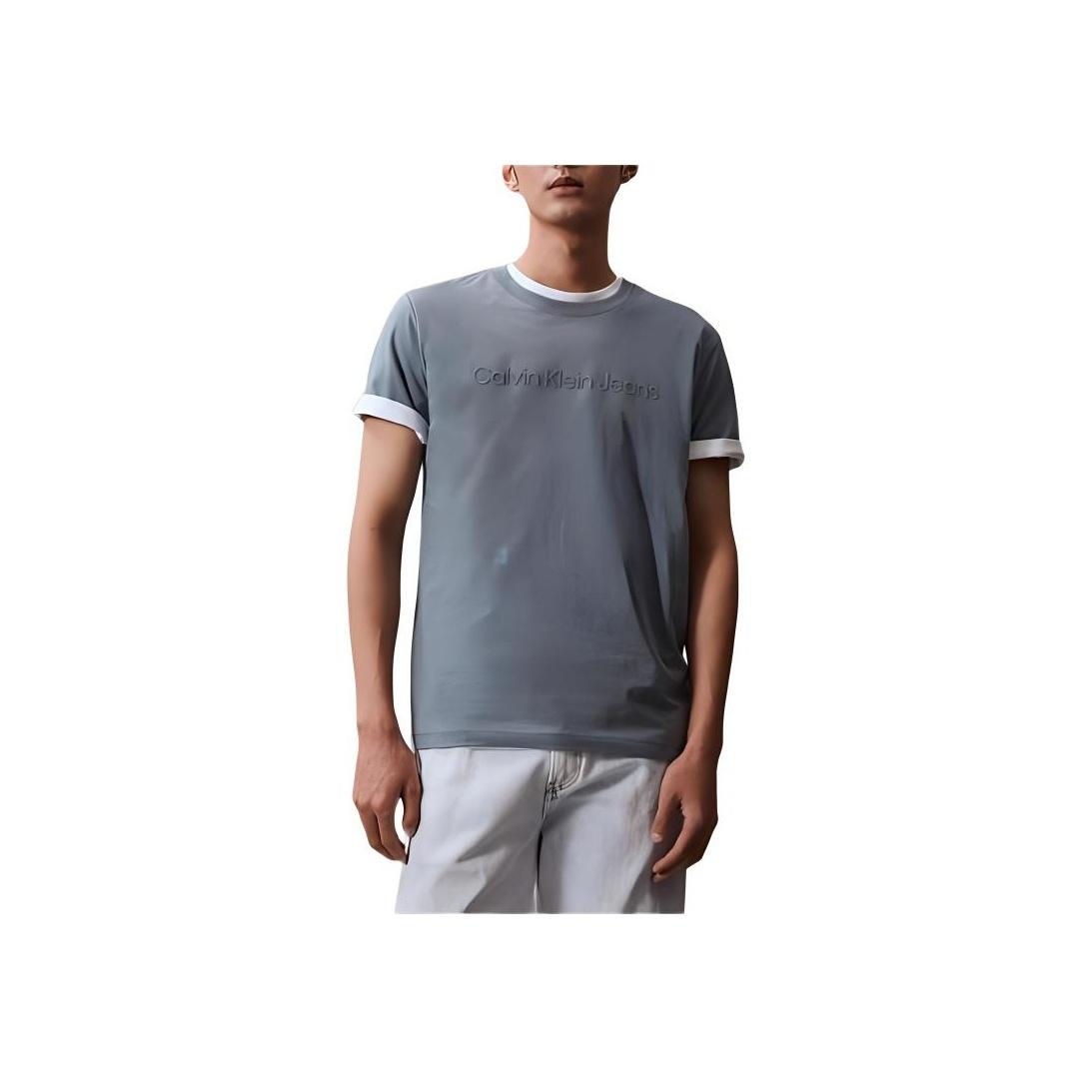 

Calvin Klein Цветной блок круглый вырез свитер короткий рукав футболка мужские топы туманно-голубой J323262-PN6 L