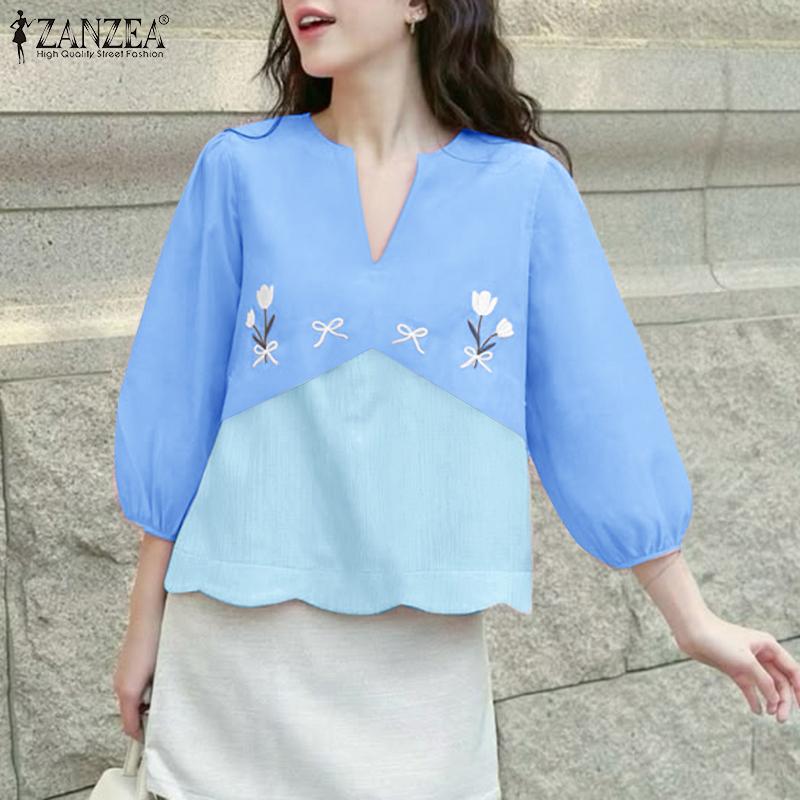 ZANZEA Women Casual V-Neck Loose 3/4 Sleeve Embroidery Blouse