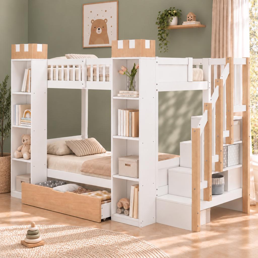 Bunk bed, loft bed, children's bed, wooden bed 90x200cm with drawer, fall protection and storage staircase, castle-shaped storage, white+natural color