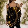 Damen Übergröße Off-Shoulder Träger mit Metallschnalle V-Ausschnitt Kurzarm Holografischer Regenbogen-Print Oberteil
