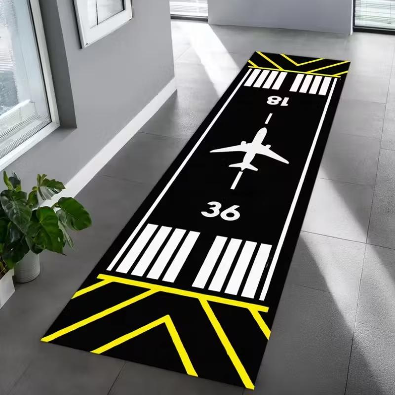 Extra Long Airport Runway Rug - Aviation-Themed Floor Mat with Airplane Non-Slip Backing Machine for Home Office Airport Decor
