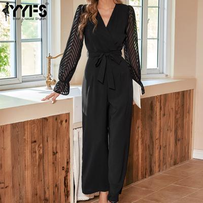 Pantaloni da donna con scollo a V a maniche lunghe, stampa tinta unita, moda casual, primavera estate, tute e pagliaccetti slim
