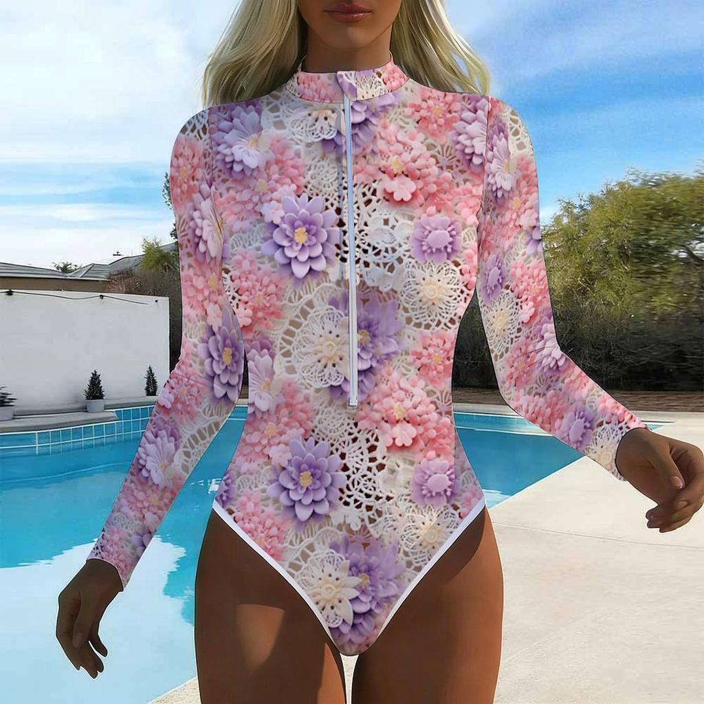 Women Long Sleeve One Piece Swimsuit Zip Front Ink and Wash Flowers Print Rash Guard Surfing Bathing Suit