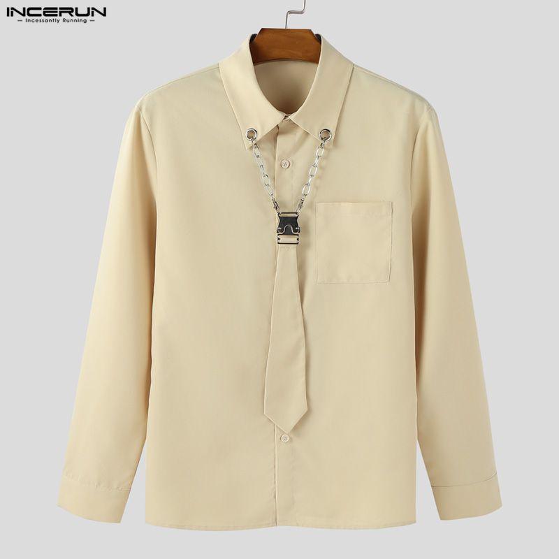 INCERUN Spring Men Tie Lapel Neck Long Sleeve Casual Loose Oversized Shirts Tops