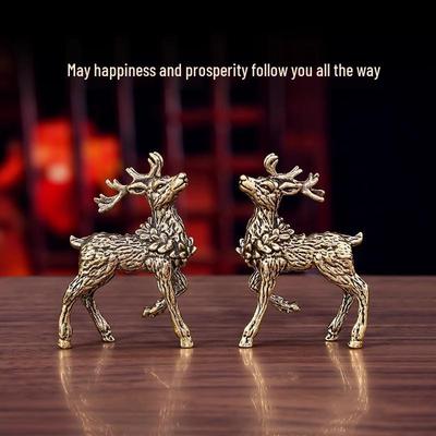 Pair of Pure Brass Sika Deer Elk Ornaments - Home or Desktop Tea Pet Décor