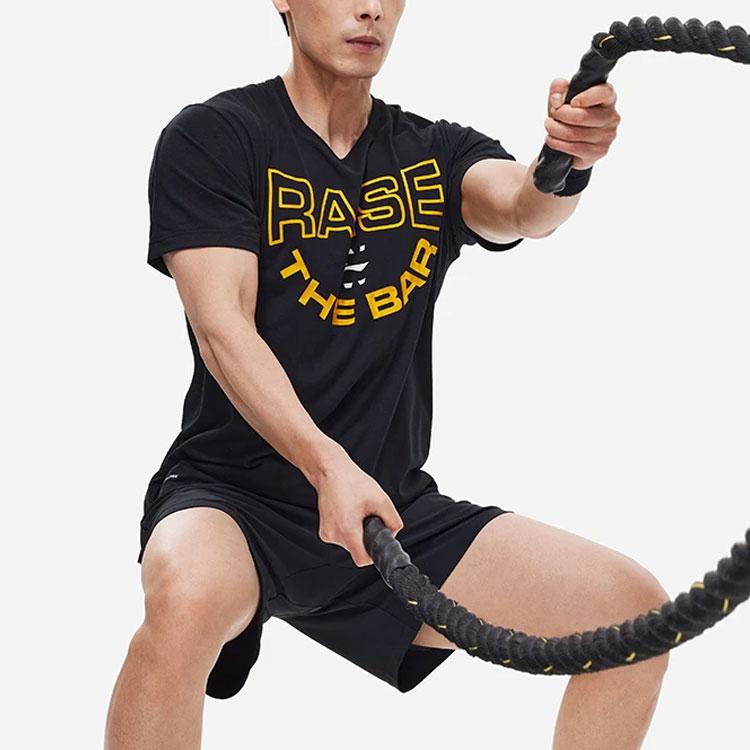 Li Ning Fitness Series Letter Print Moisture Wicking Quick Dry Short Sleeve T-Shirt Men Tops Black ATST051-1