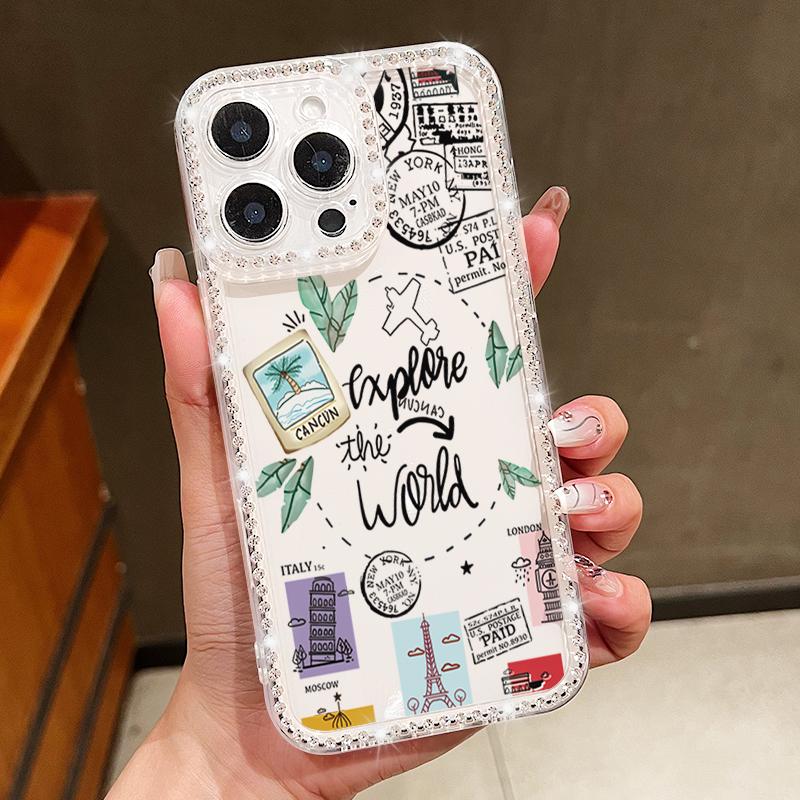 

Ударопрочный чехол с узором дорожного знака для iPhone 16E 16 Pro Max 15 Pro 14 13 12 11, с алмазной рамкой, прозрачный, противоударный, мягкий силиконовый чехол для телефона iPhone 11