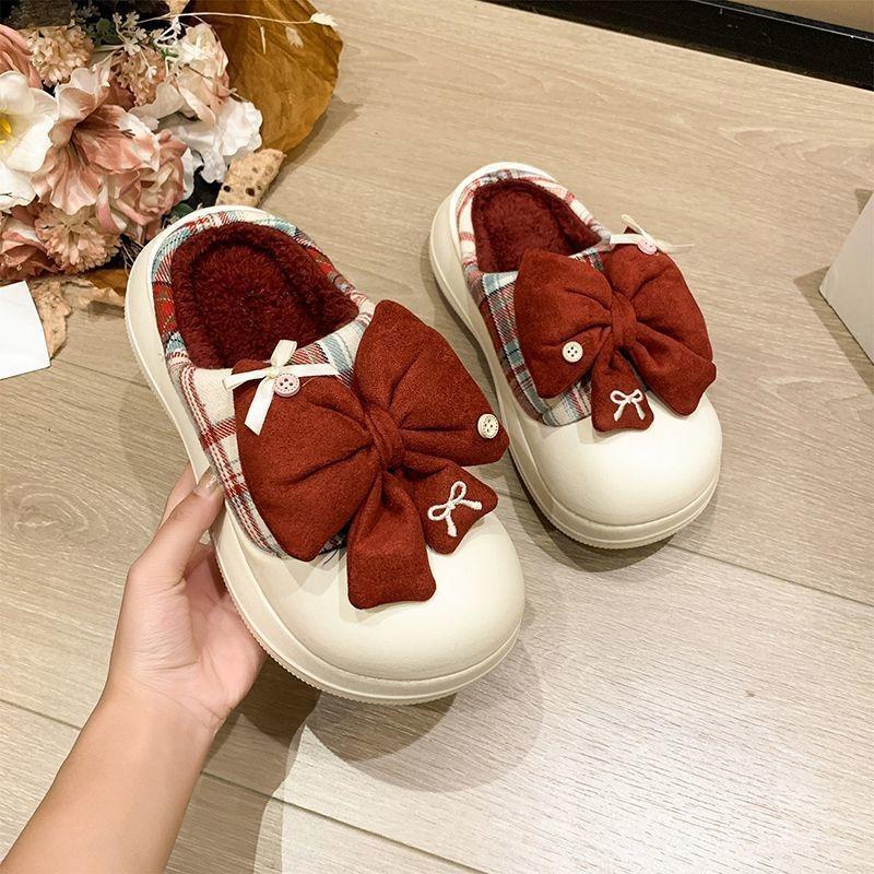 Fashion and Warm Outer Wear Comfortable Bag Head Slippers Women's Autumn and Winter New Bow Plush Cotton Slippers Women's