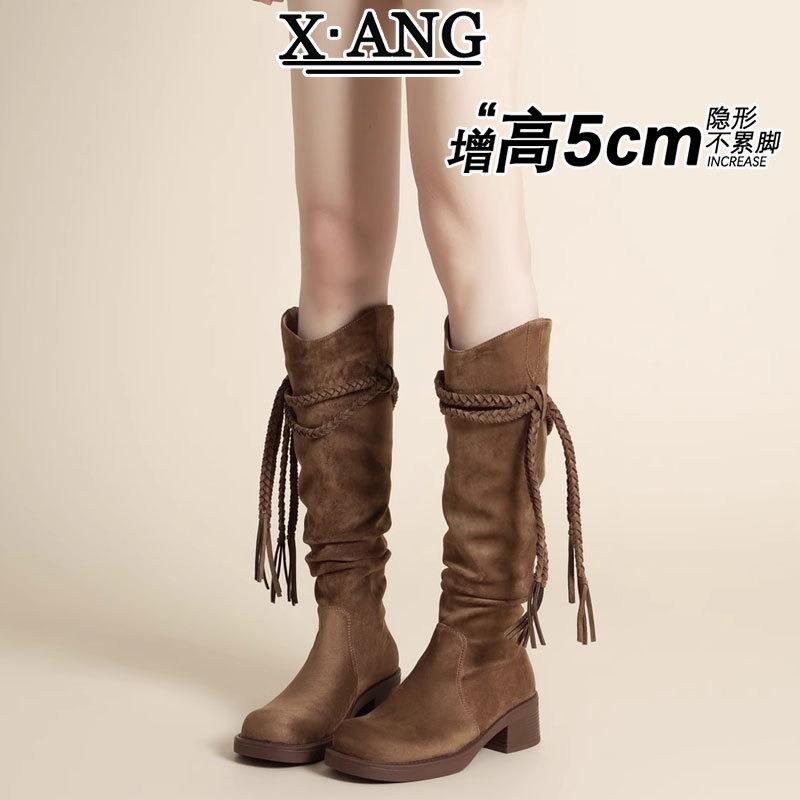 Cowhide version but knee high boots children thick heel thin knight boots fringed pile boots western cowboy boots long boots