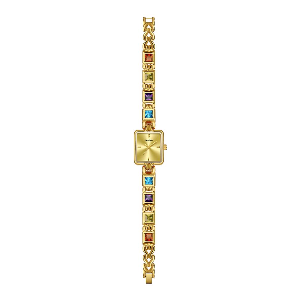 BS New Women's Quartz Watch Vintage-Inspired Square-Case Multi-Colored Gemstone “Rainbow” Luxury-Style Women's Watch FA1857
