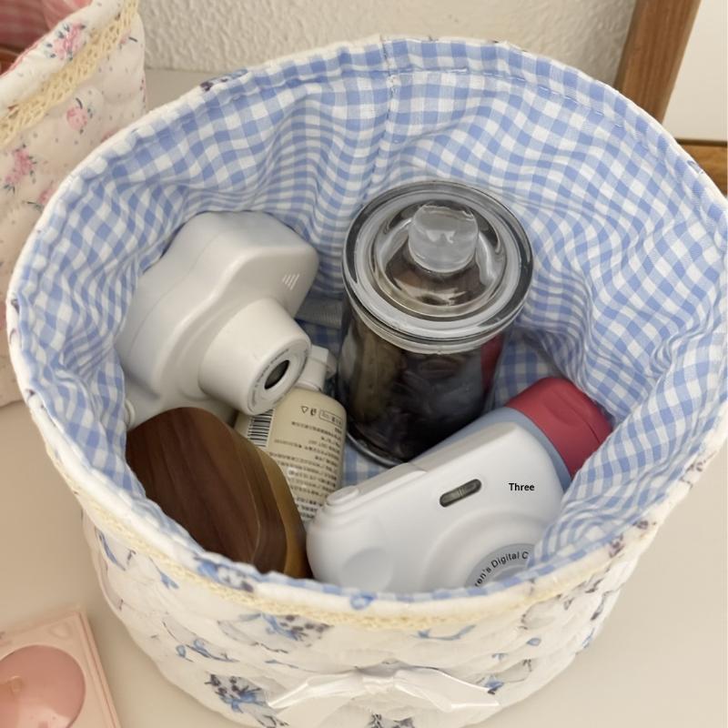 Cute Love Heart Storage Box Quilting Cotton Bow Desktop Storage Basket Large-Capacity Round Storage Frame Home Decoration
