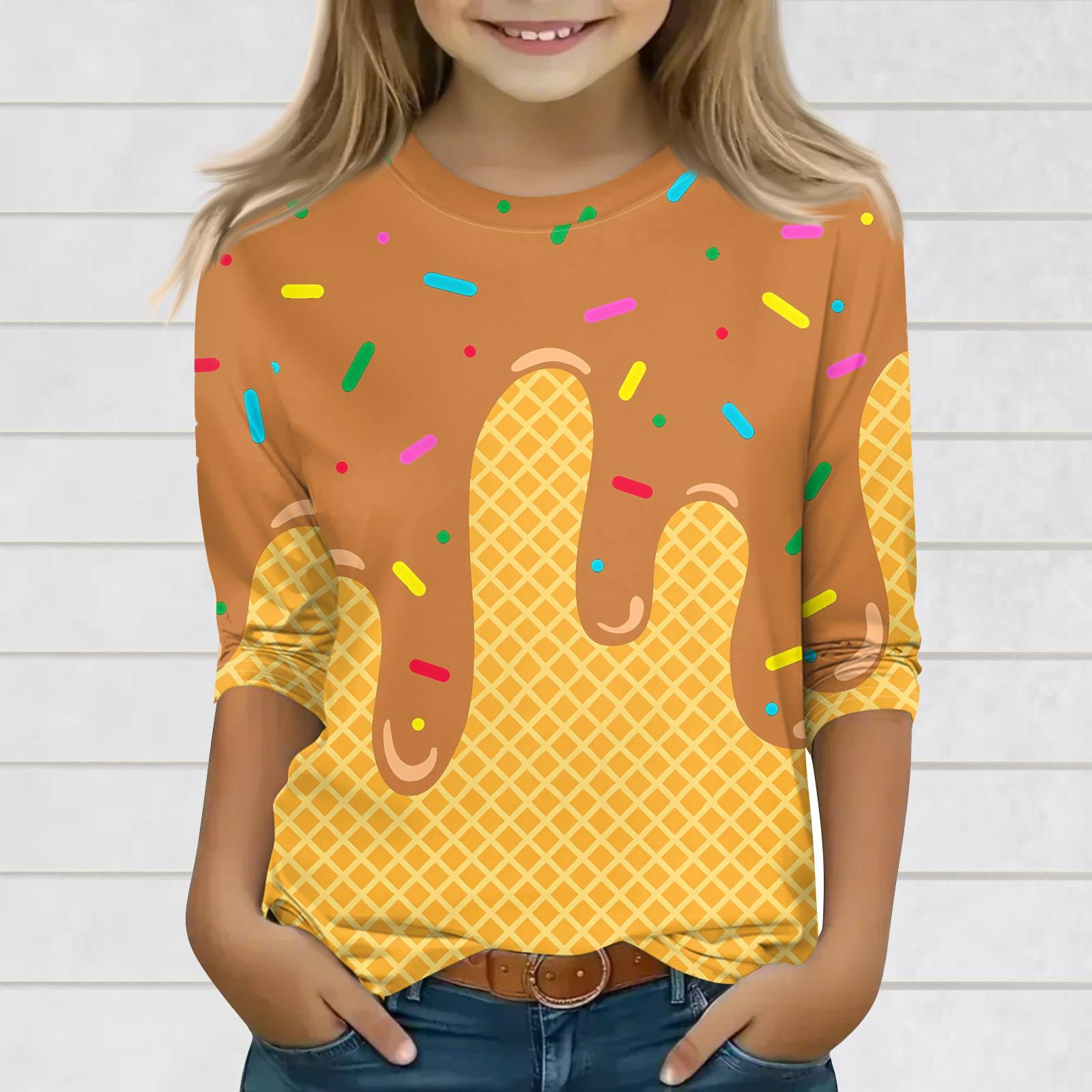 

Print Tops For Youth Girls Round Neck 3/4 Sleeves T-Shirts Trendy Tops Outfit Tees 130