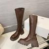Fashion Brown Long Knee Women's Boots Soft Leather Chunky Heel Chunky Platform Boots Side Zipper Design 2026 Autumn Fashion Botas Largas