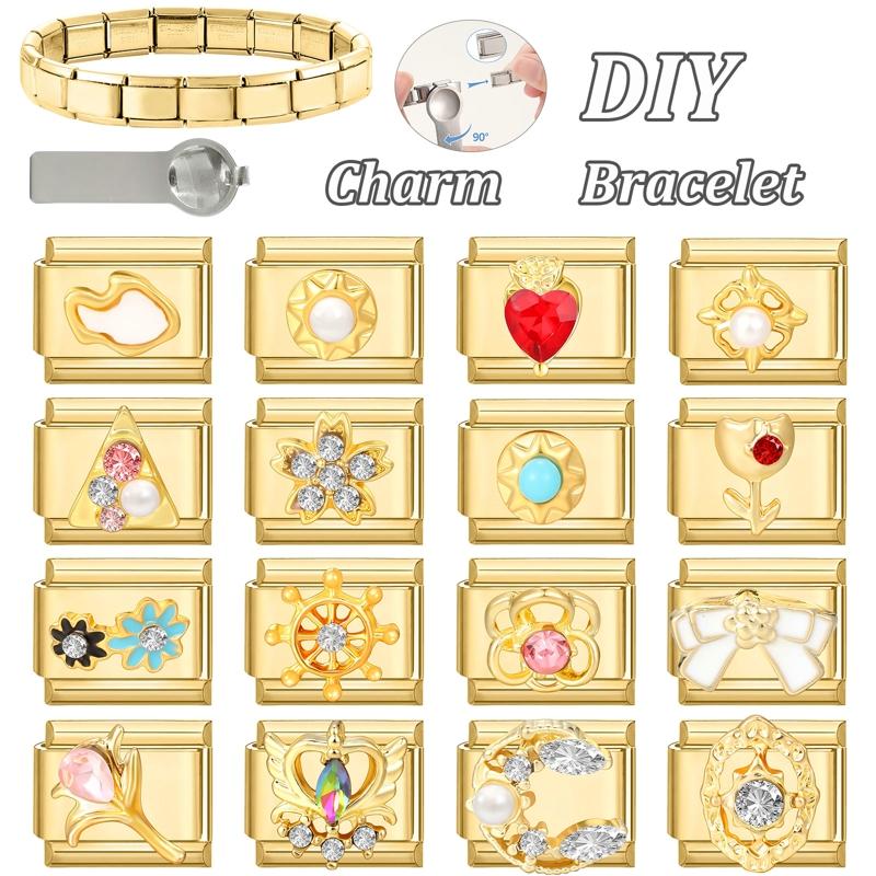 NEW Brilliant Zircon Love Heart Bow Starfish Flower Sun Italian Charm Links Fit 9mm Stainless Steel Bracelet Jewelry DIY Making