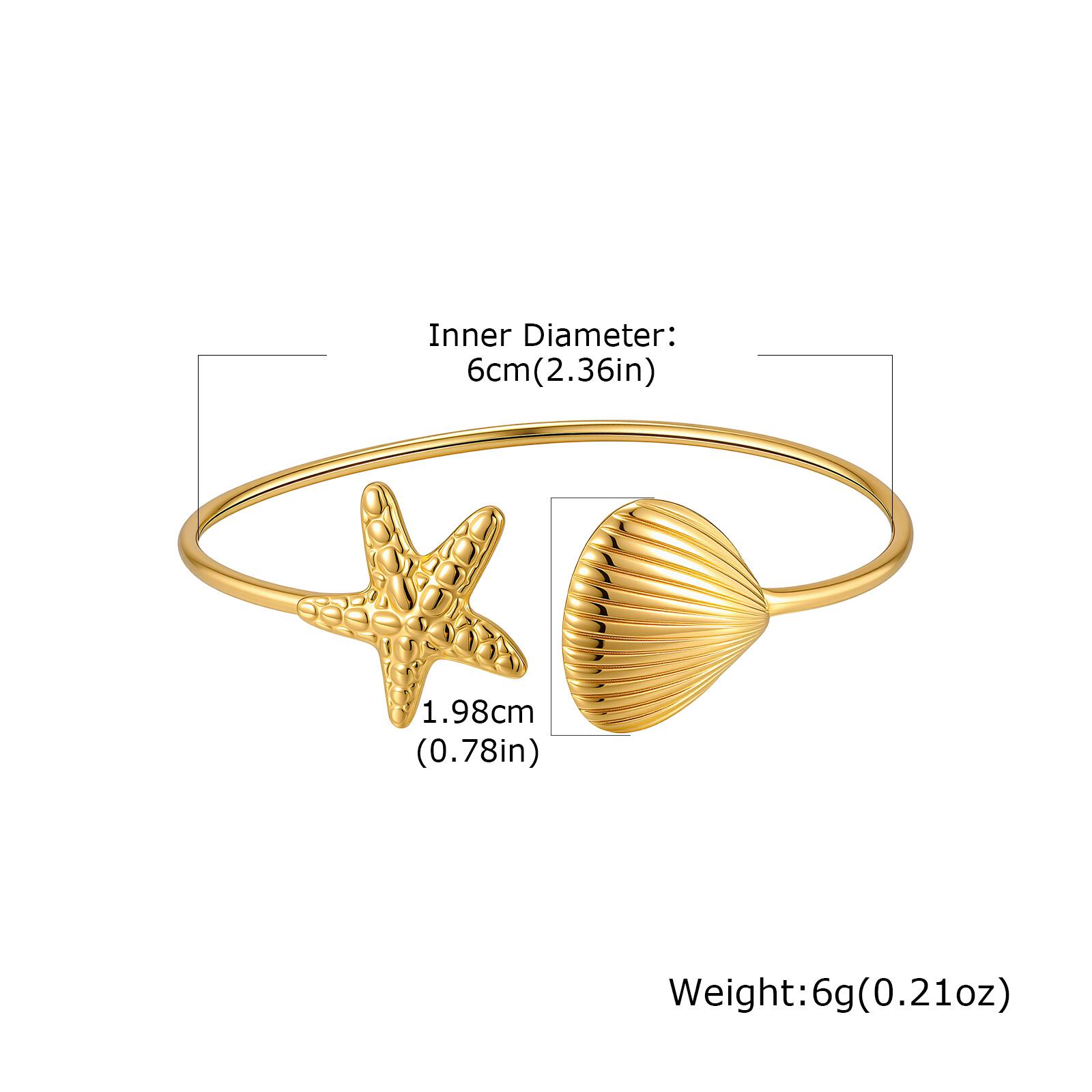 Vintage Ocean Style Shell Starfish Open Bangle for Women, Stainless Steel Gold Plated Cuff Bracelet, Boho Beach Party Jewelry