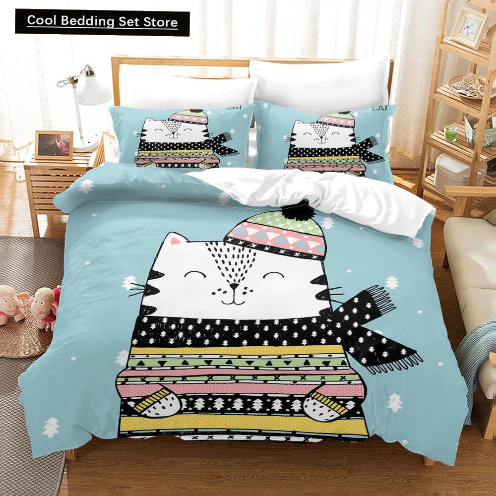 Cartoon Cat King Full Queen Duvet Cover Lovely Pet Kitty Bedding Set Animal Quilt Cover 2/3pcs Purple Polyester Comforter Cover