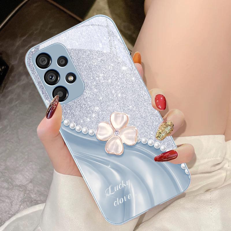 Vierblättriges Kleeblatt Weiß Für Samsung Galaxy S10 4G S20 11E 30 S21 21Fe 22 S24 Pro S23 Ultra 5G S8 S9 Gehärtetes Glas Handyhülle