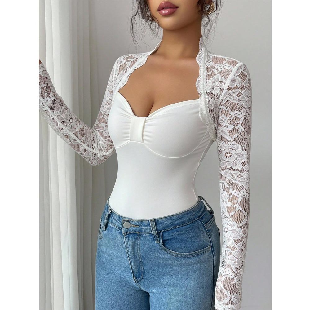 Spring New Style Lace-embroidered Knitted Long-sleeved Fitted Slimming T-shirt for Women