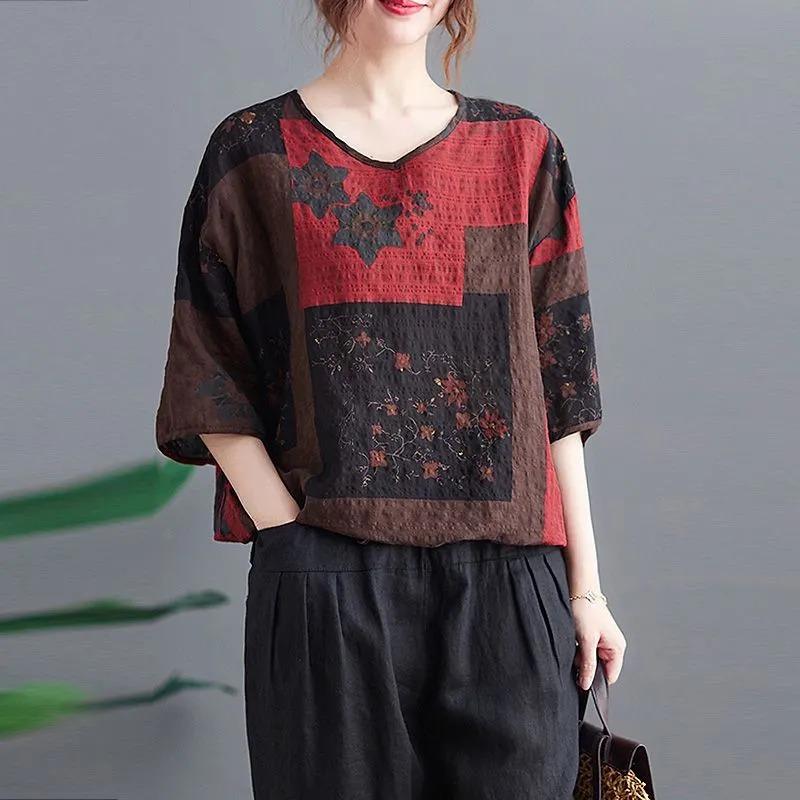 Retro Bedruckte Leinen Kurzarm Tops Sommer Dünn Lässig Locker sitzend Blasen Baumwolle und Leinen Herz-Ausschnitt T-Shirts