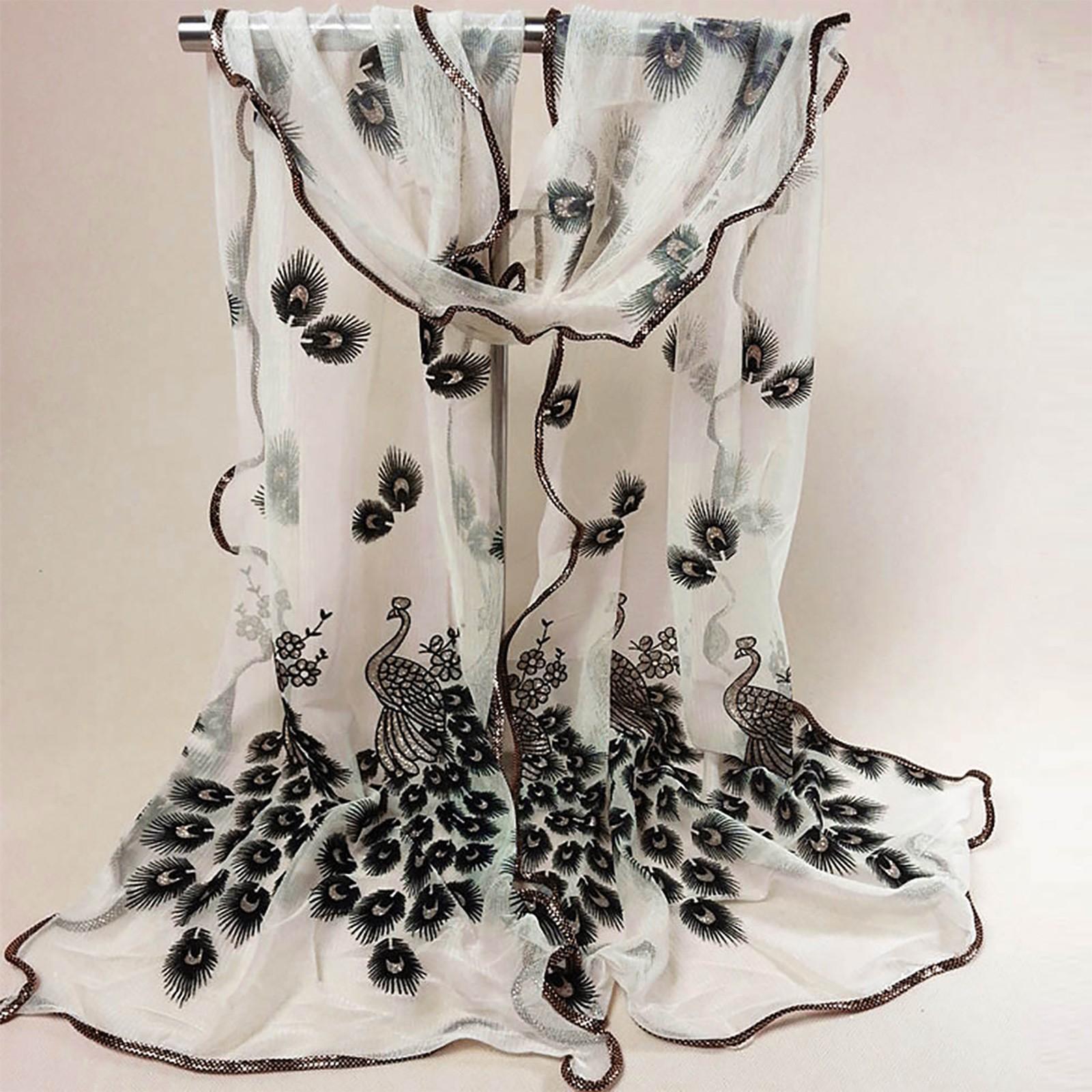 

Женский кружевной шарф с вышитым цветком павлина, длинный мягкий платок с запахом бежевый