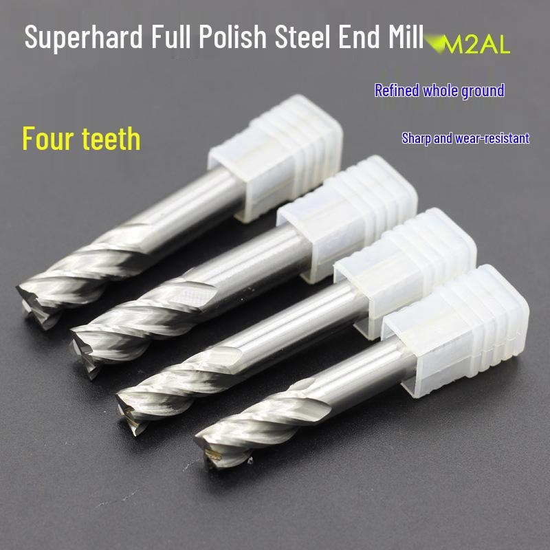 Hardened White Steel 4-Flute Vertical End Mill, M2AI High-Speed Aluminum-Containing Steel, Fully Ground Straight Shank.