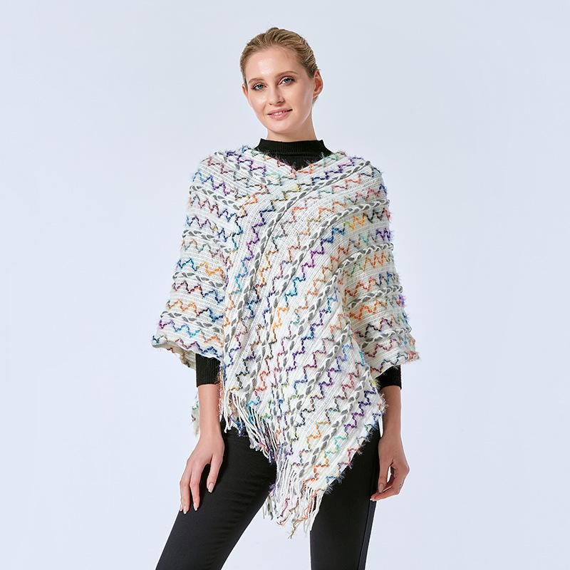 2022 Autumn/Winter Women's V-Neck Rainbow Tassel Cape Sweater