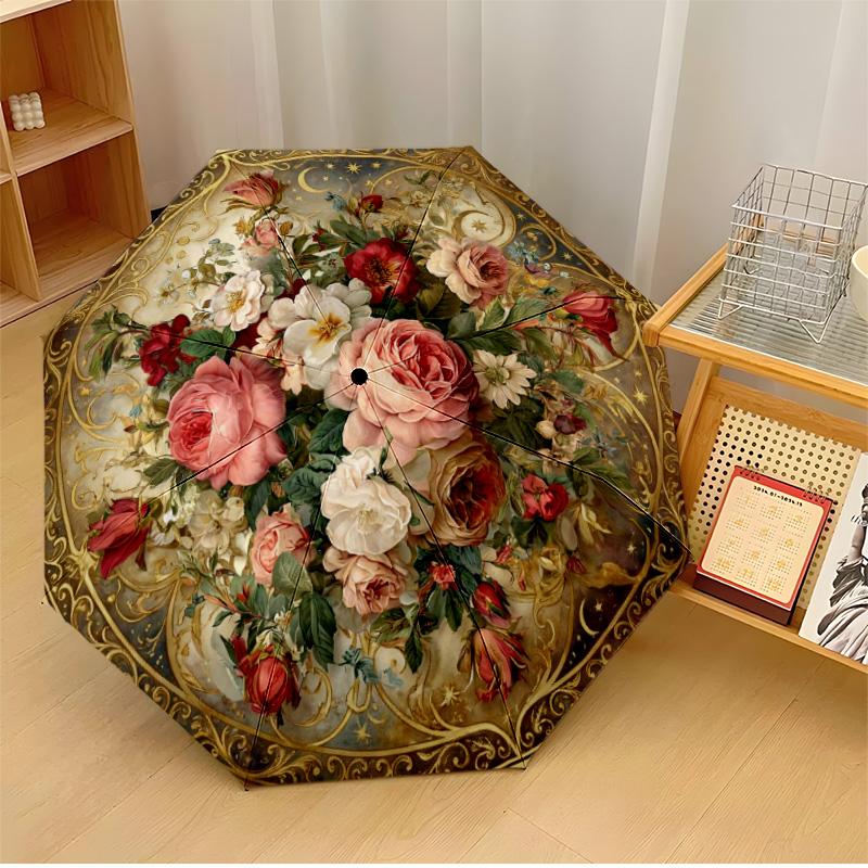 

Ornate Floral Circular Decor Theme Automatic Umbrella Compact 8-Rib Design Sturdy Construction Durable Umbrella Stylish Accessory