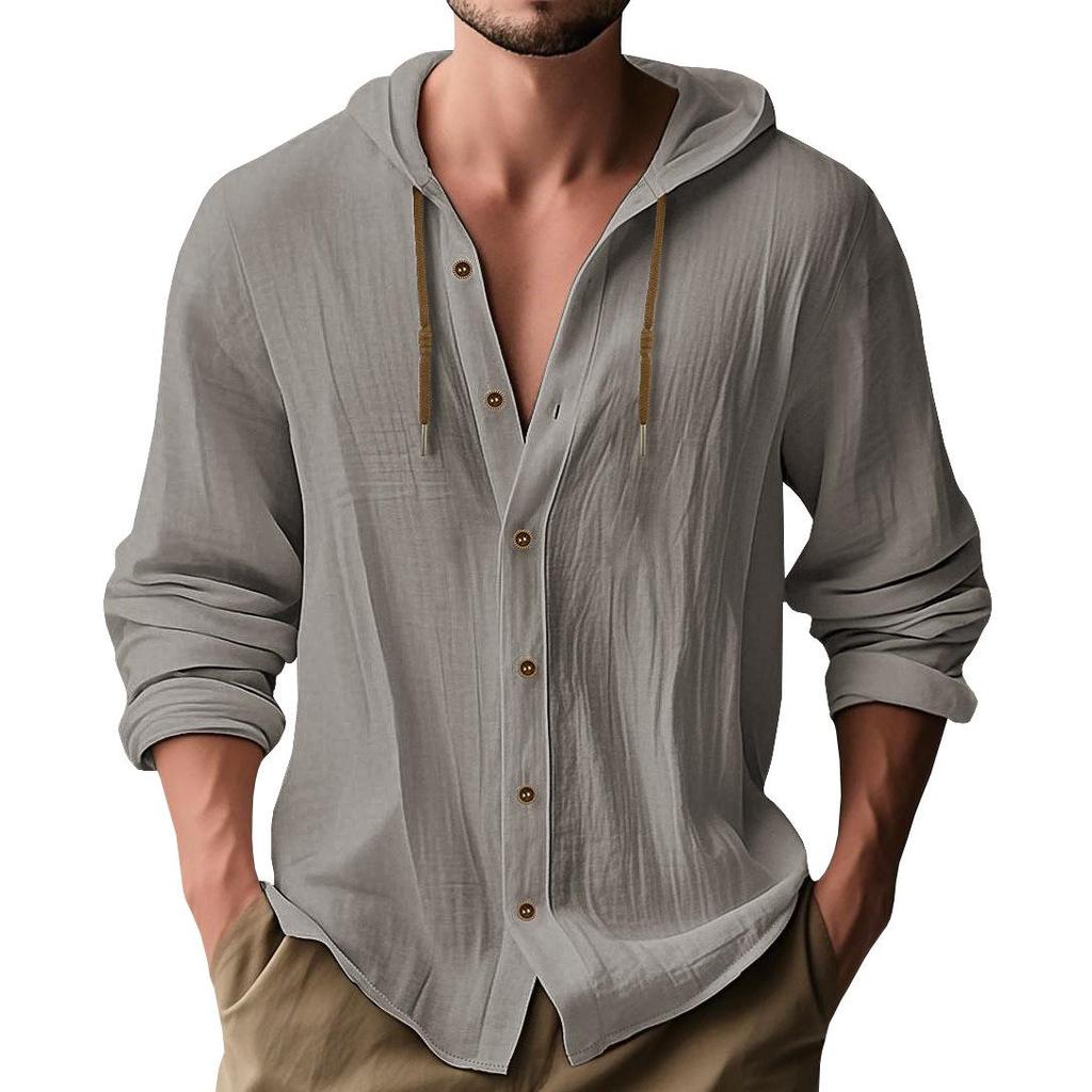 Men's Casual Hooded Long-Sleeve Cotton Linen Shirt - Versatile Fashion Trend