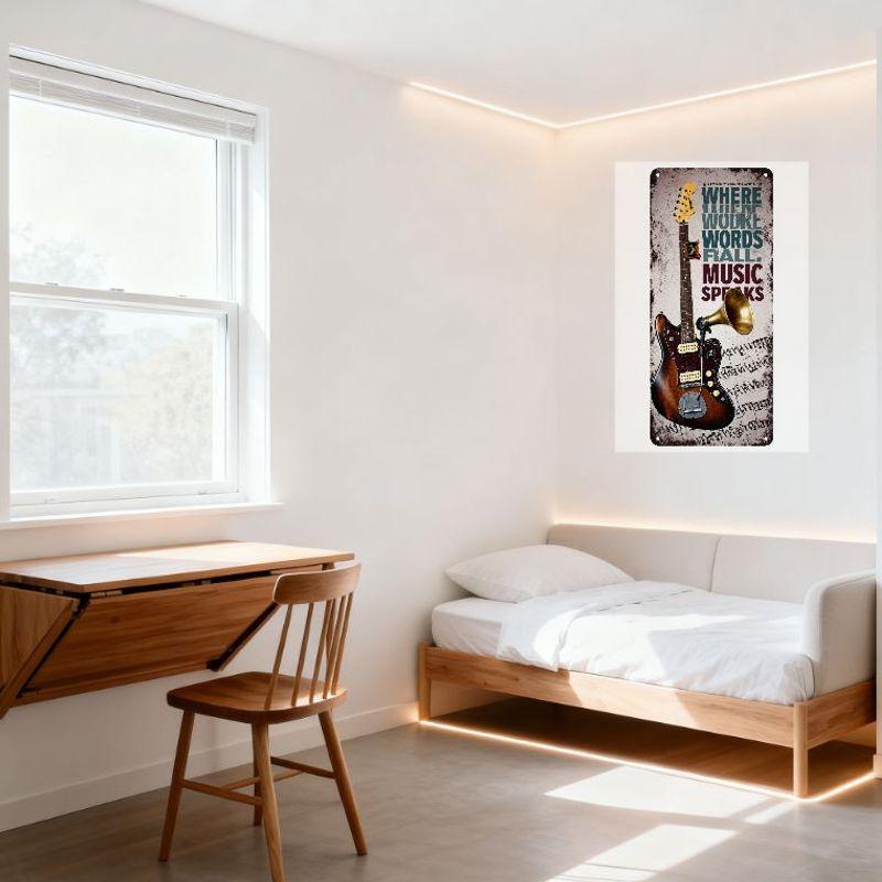 Vintage Electric Guitar & Mic Metal Tin Sign - WHERE WORDS FALL MUSIC SPEAKS Retro Musical Notes Wall Plaque for Man Cave Bar Ca