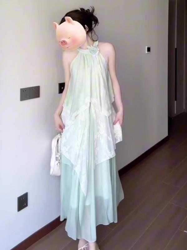 Super Fairy Vacation Wind Off-the-shoulder Neck Dress Summer Korean Pure Lace Splicing Irregular Lace Long Dress Women