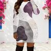 Women Plus Size White Purple Gray Abstract Printed Round Neck Long Sleeve Bodycon Mini Dress