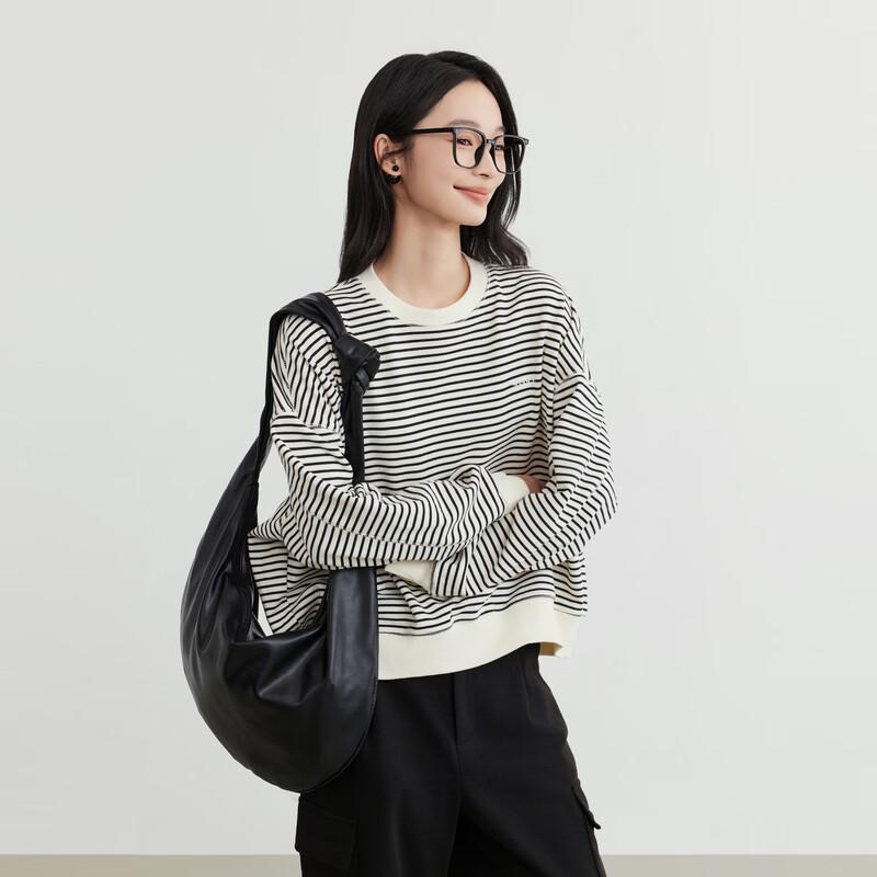 Elva' Island Women's Autumn/Winter Striped Drop Shoulder Crew Neck Loose Sweatshirt