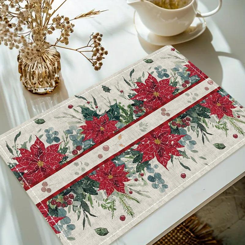 Christmas Linen Placemat Table Coffee Mat Poinsettia Pine Tree Snowflake Cone Merry Christmas Beige Red Green Elegant Decorative