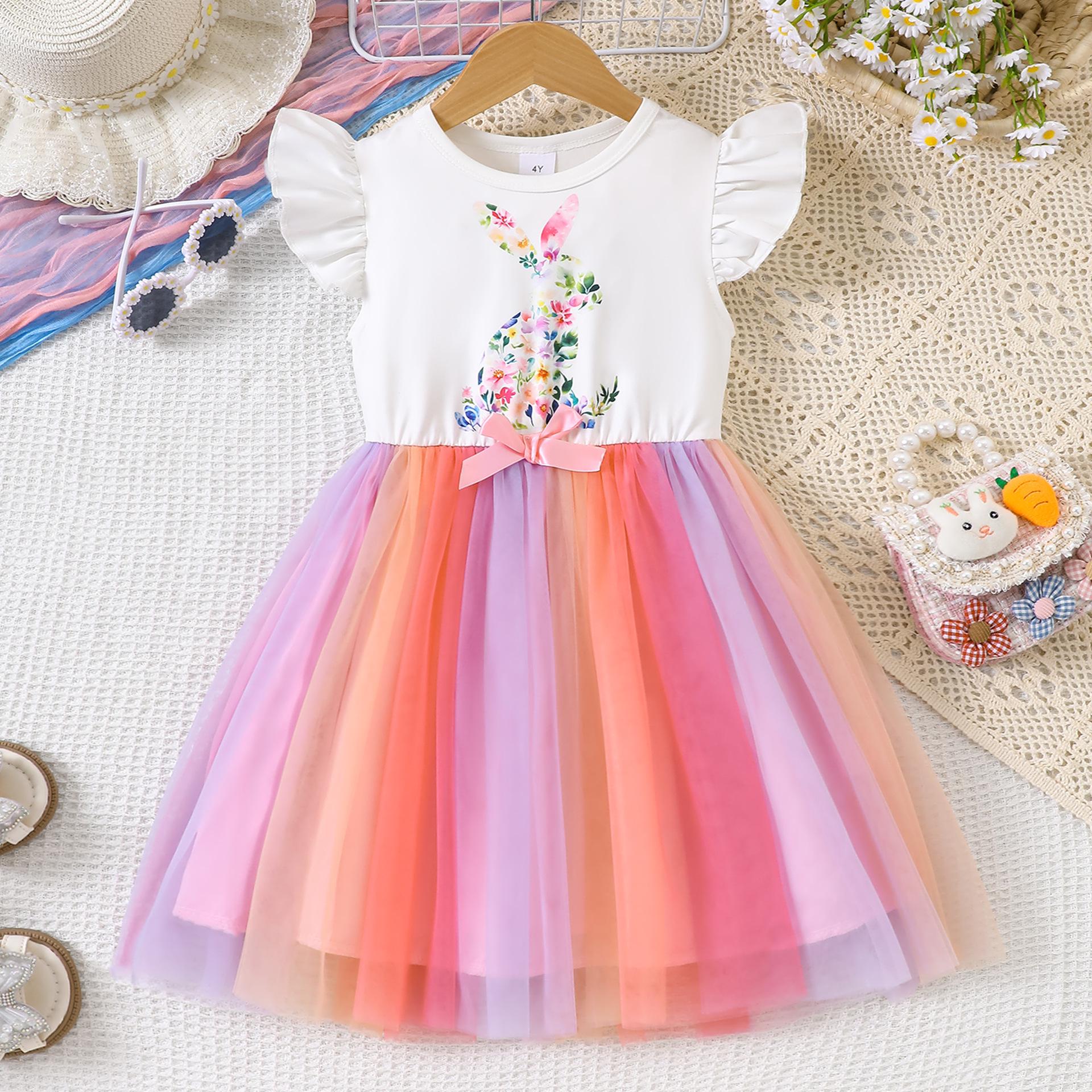 Girls  Easter Dress with Floral & Rabbit Print, Puff Sleeves, and Ribbon Bow 7Y розовый