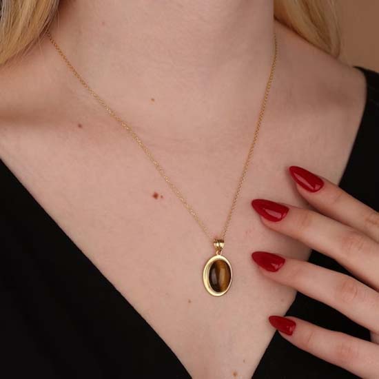 Tiger Eye Oval Gemstone Necklace, Statement Jewelry, Designer Necklace, Yellow Gold Jewelry, Gift For Her, Boho Jewelry, 925 Sterling Silver