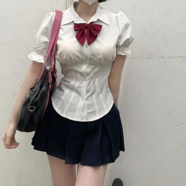 Korean Fashion Harajuku Preppy Elegant White Women Blouse Tunic Shirt Japanese Style Casual JK Slim Female